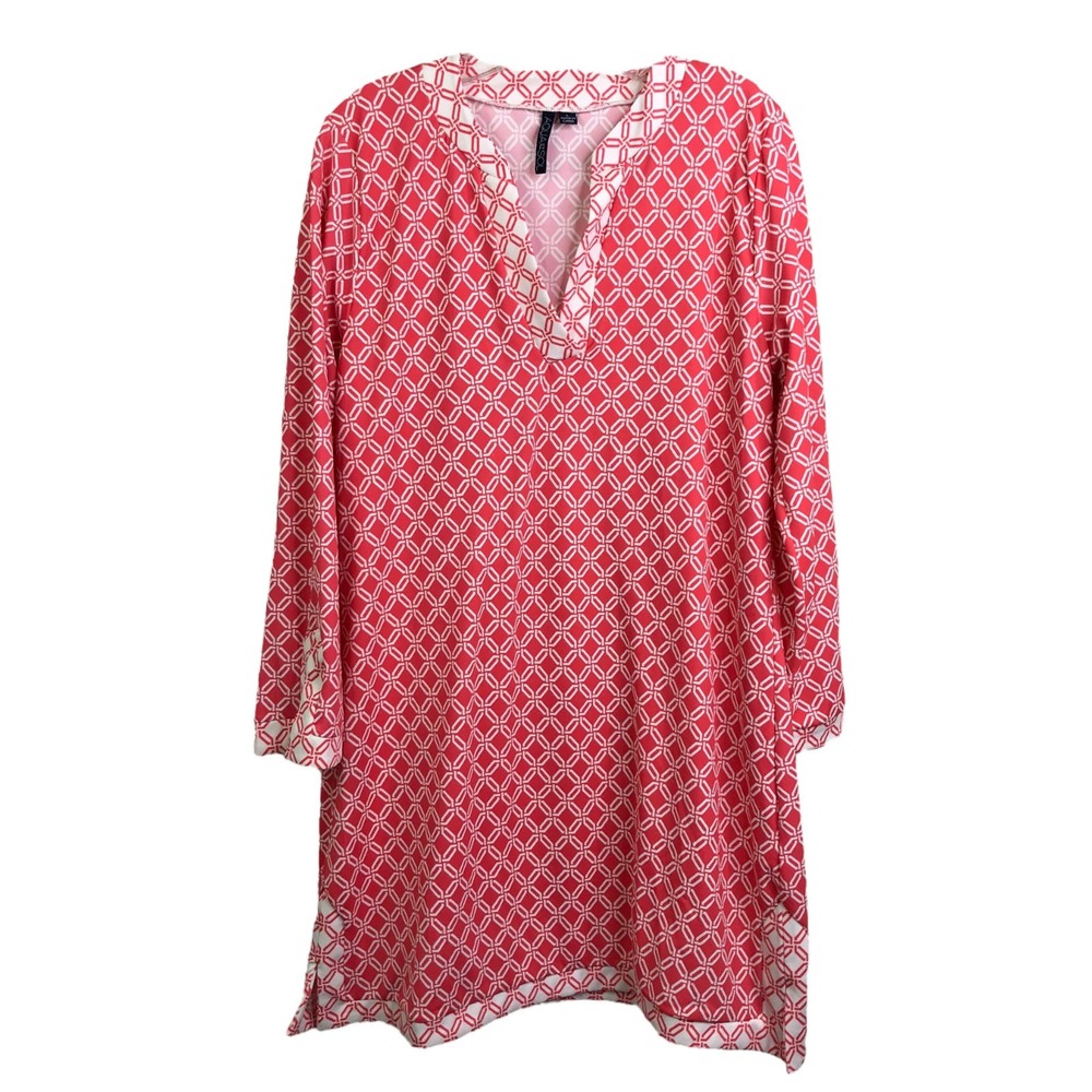 Aqua Et Sol Tunic Dress Womens Size‎ L Red Orange UPF Long Sleeve Preppy V-Neck